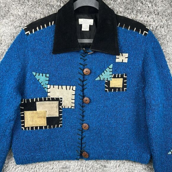 VTG Sandy Starkman Women’s Patchwork Jacket Blue Buttoned Leather Size M - Picture 8 of 9